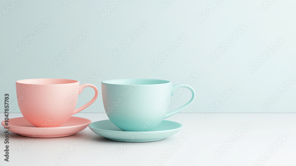 Two pastel-colored coffee cups with saucers on a light background, perfect for showcasing modern beverage aesthetics or cafe themes. Two pastel-colored coffee cups with saucers on a light background, perfect for showcasing modern beverage aesthetics or cafe themes.