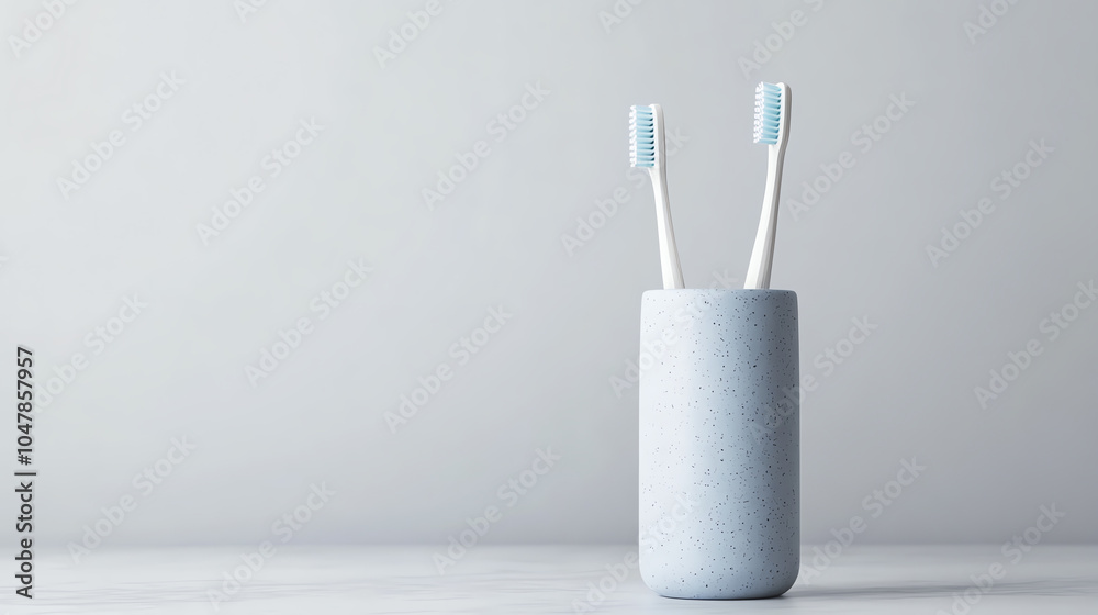 Obraz premium A minimalist bathroom scene featuring two toothbrushes in a sleek concrete holder against a light, neutral background.
