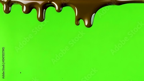 Sweet liquid chocolate syrup dripping on vibrant green screen background creates stunning texture, making it perfect dessert food for indulgent moments.