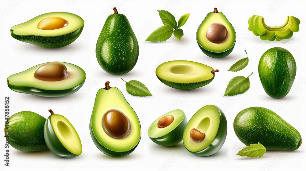 Collection of realistic 3D avocado icons with detailed textures, showing whole and sliced avocados with leaves on a white background. Perfect for healthy food, vegan, or nutrition-related themes