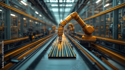 Automotive assembly line with sleek robotic arms precision machinery works