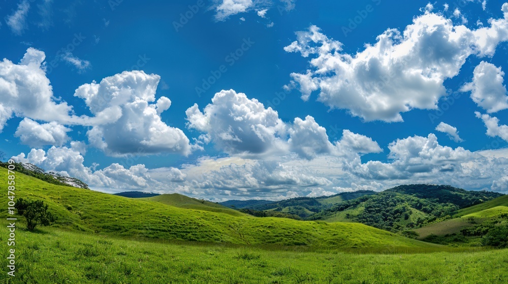 Fototapeta premium Lush Green Hills Under a Blue Sky with White Clouds