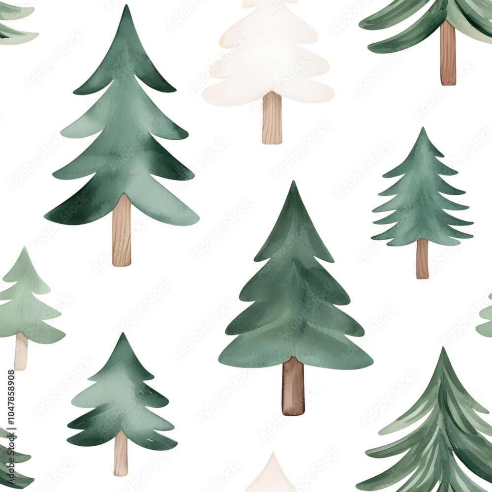 Fototapeta premium A whimsical pattern of stylized evergreen trees in varying shades set against a white background, ideal for festive designs and decorations.