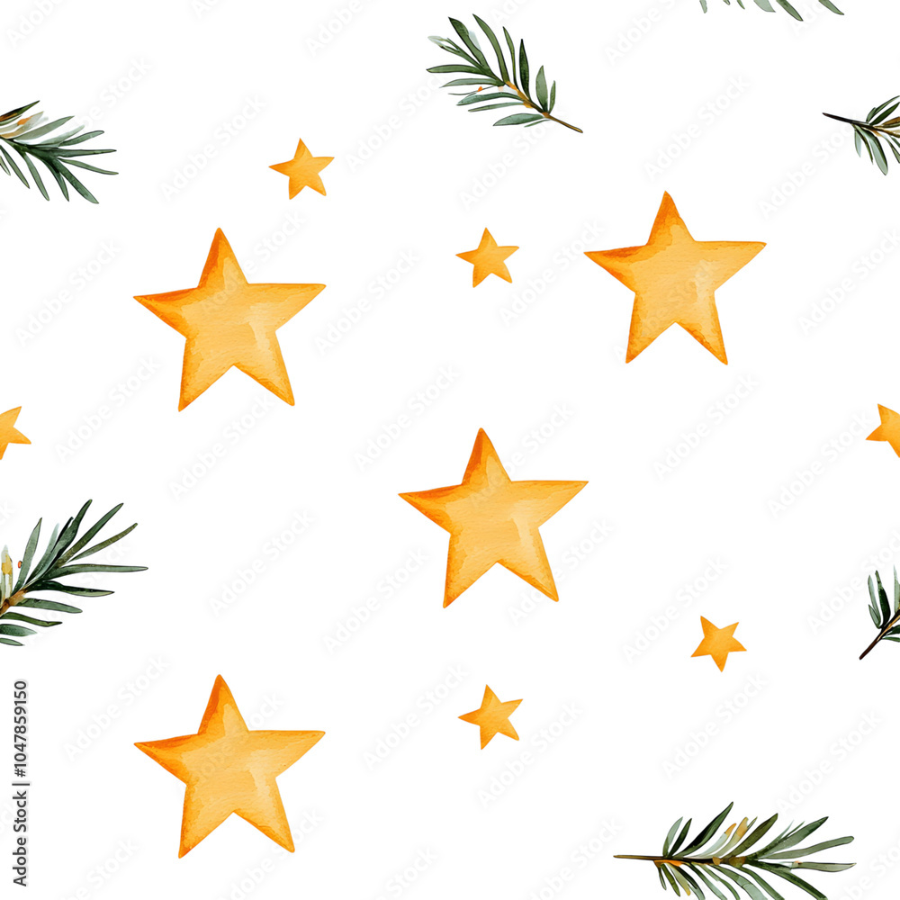 A festive pattern featuring golden stars and green foliage against a white background, perfect for holiday-themed designs.