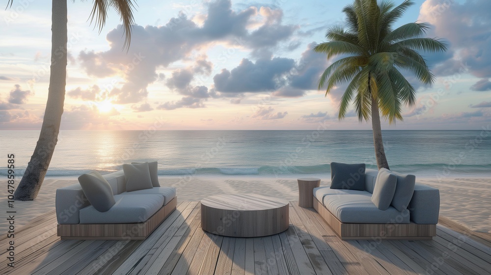Naklejka premium elegant beachfront lounge area with cozy sofas, wooden deck, and coconut trees, overlooking a peaceful ocean at sunset. Ideal for vacation, luxury resorts, and tranquil escapes