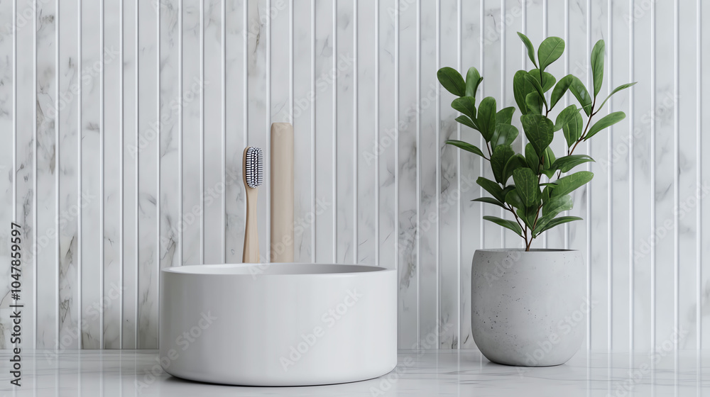 Minimalist bathroom setup featuring a white bowl, wooden brushes, and a potted plant against a stylish marble backdrop. Minimalist bathroom setup featuring a white bowl, wooden brushes, and a potted plant against a stylish marble backdrop.