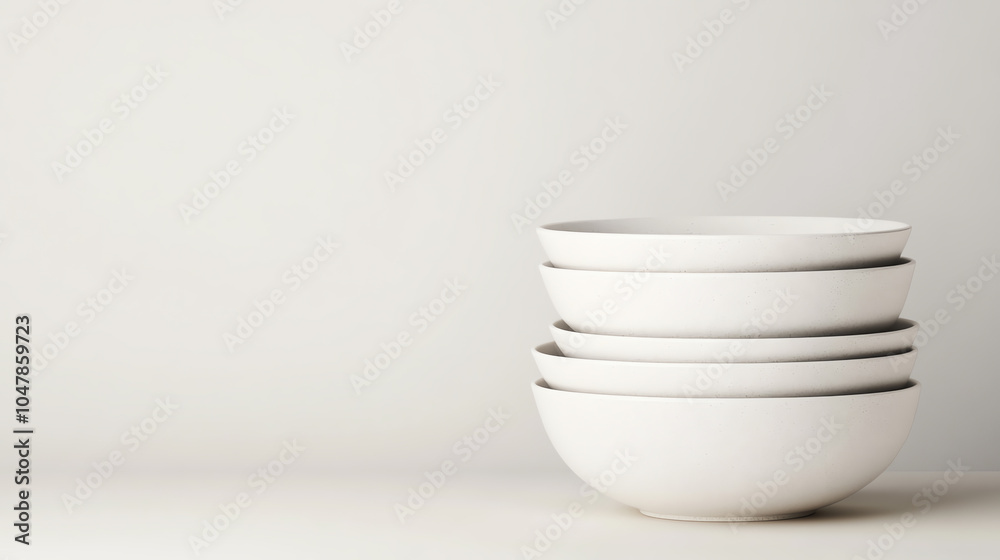 Stack of four clean, white ceramic bowls on a neutral background, perfect for kitchen or dining decor. Simple and elegant tableware for any occasion. Stack of four clean, white ceramic bowls on a neutral background, perfect for kitchen or dining decor. Simple and elegant tableware for any occasion.