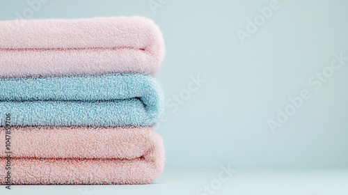 Soft, fluffy towels stacked neatly in pastel colors, creating a calming and inviting atmosphere. Ideal for spa or bathroom settings.