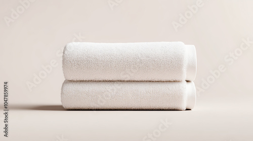 Two neatly folded white towels on a soft beige background, creating a clean and minimalistic aesthetic perfect for home or spa settings.