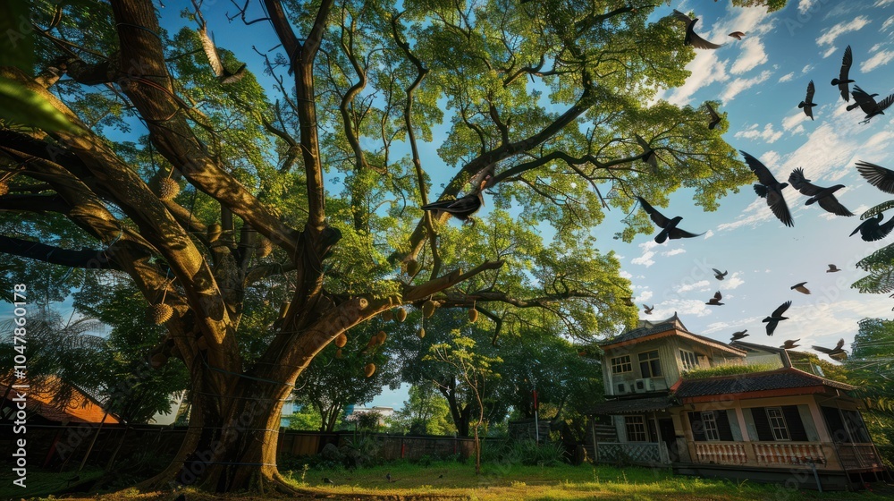 A Large Tree with Fruit and Birds Flying in the Sky A Large Tree with Fruit and Birds Flying in the Sky