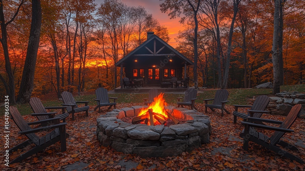 Cozy campfire scene at sunset with chairs arranged around a stone circle. Cozy campfire scene at sunset with chairs arranged around a stone circle.