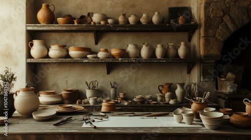Wallpaper Mural A rustic pottery workshop with shelves full of clay pots and a workbench with tools and unfinished pieces. Torontodigital.ca