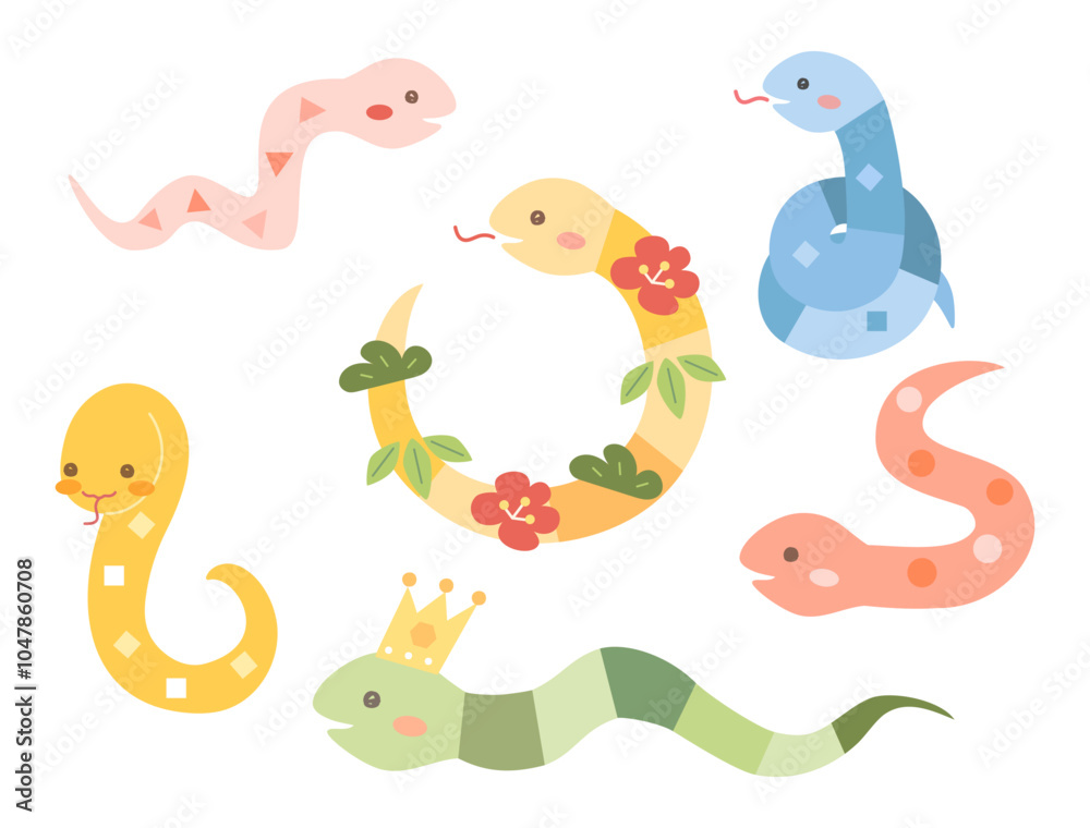 Obraz premium 巳年の年賀状などにも使えるカラフルで可愛い蛇のキャラクターのイラストのセット