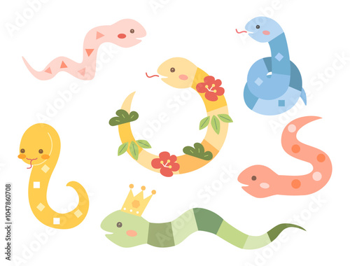 巳年の年賀状などにも使えるカラフルで可愛い蛇のキャラクターのイラストのセット