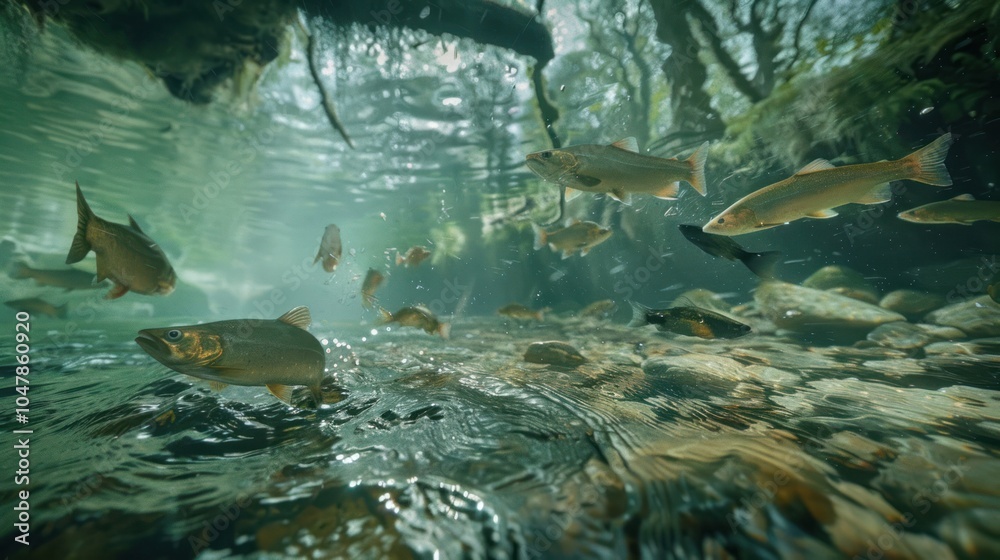 Underwater View of Fish Swimming in a Stream Underwater View of Fish Swimming in a Stream