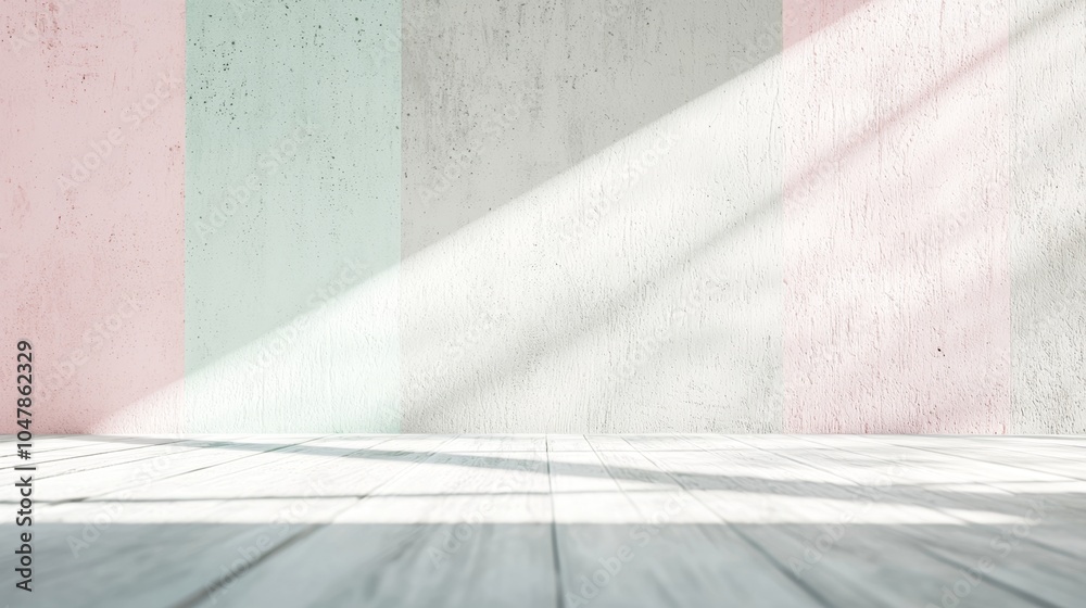 Sunlight is illuminating an empty room with colorful concrete wall and wooden floor, creating a bright and airy atmosphere, ideal for showcasing products or designs Sunlight is illuminating an empty room with colorful concrete wall and wooden floor, creating a bright and airy atmosphere, ideal for showcasing products or designs