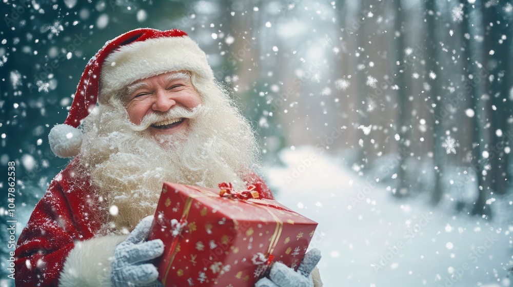 Santa Claus with a Gift in a Snowy Forest Santa Claus with a Gift in a Snowy Forest
