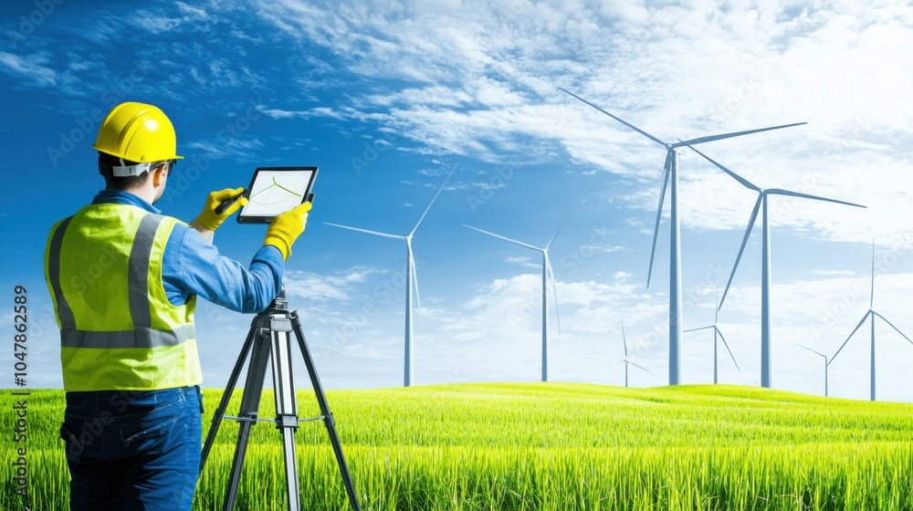 custom made wallpaper toronto digitalWind Turbine Engineer Inspecting Renewable Energy Power Grid in Green Countryside