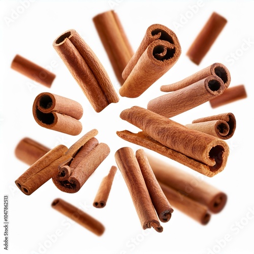 Cinnamon sticks levitate, isolados no fundo branc photo