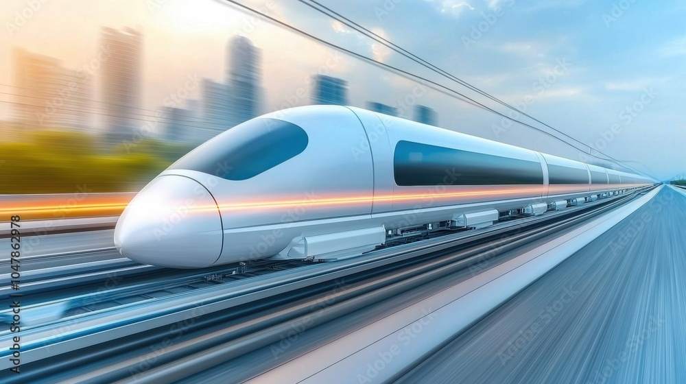 Fototapeta premium Blurred High Speed Train Racing Through Modern Transportation Network