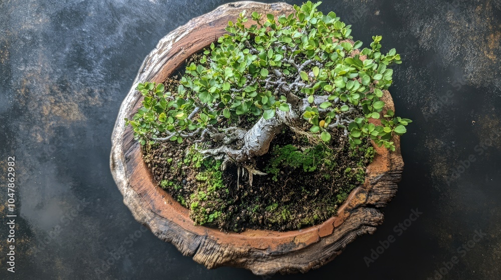 Obraz premium Bonsai Tree on Rustic Wooden Base