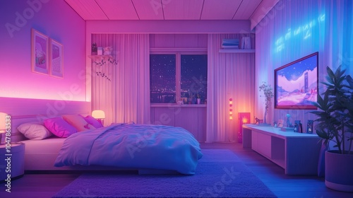 A Modern Bedroom with a Nighttime City View and Neon Lights