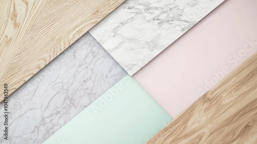 Geometric composition showcasing various materials including wood, marble, and pastel-colored surfaces, creating a visually appealing and modern backdrop