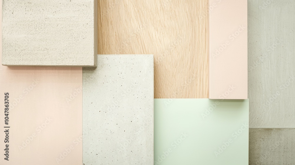 Fototapeta premium Geometric arrangement of concrete blocks, wood veneer, and pastel-colored surfaces creates a minimalist and modern abstract composition
