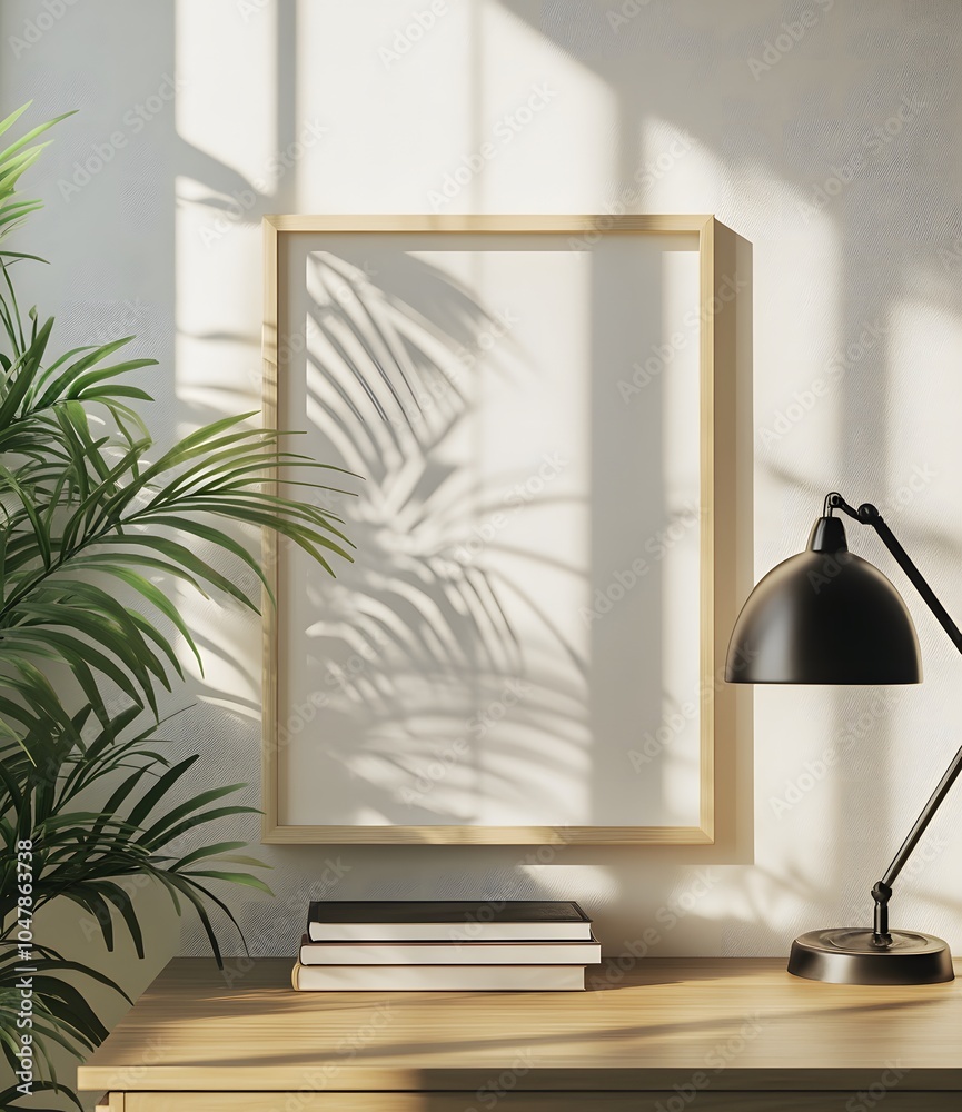 Fototapeta premium Peaceful Wooden Frame with Plant and Lamp on Simple Modern Desk