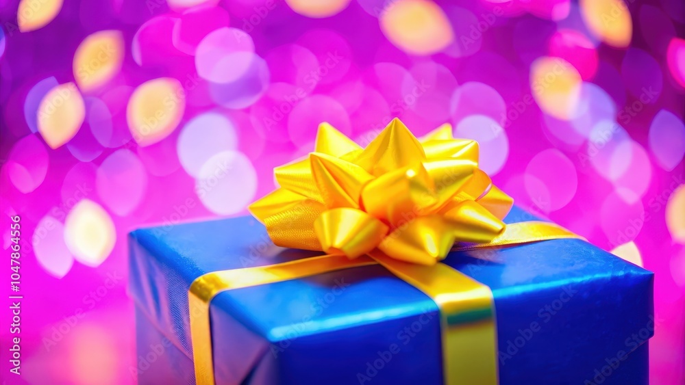 A Vibrant Blue Gift Box with a Golden Bow Against a Background of Defocused Pink and Yellow Lights A Vibrant Blue Gift Box with a Golden Bow Against a Background of Defocused Pink and Yellow Lights