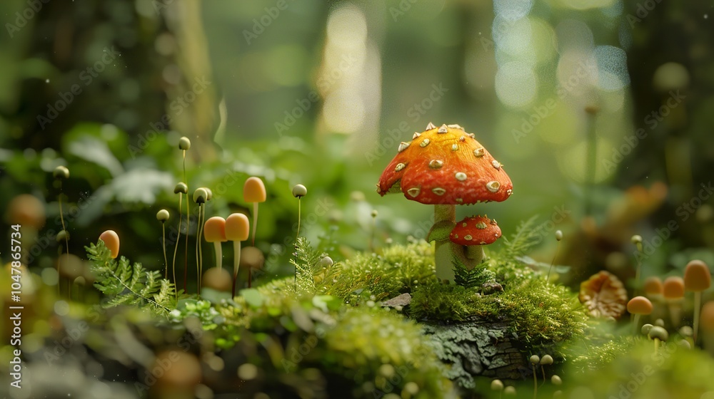 Red and Yellow Mushroom in a Lush Forest Setting Red and Yellow Mushroom in a Lush Forest Setting