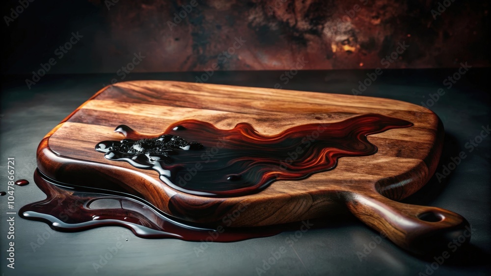 Obraz premium A wooden cutting board with a dark liquid spilled on it, creating abstract patterns and reflecting the surrounding environment