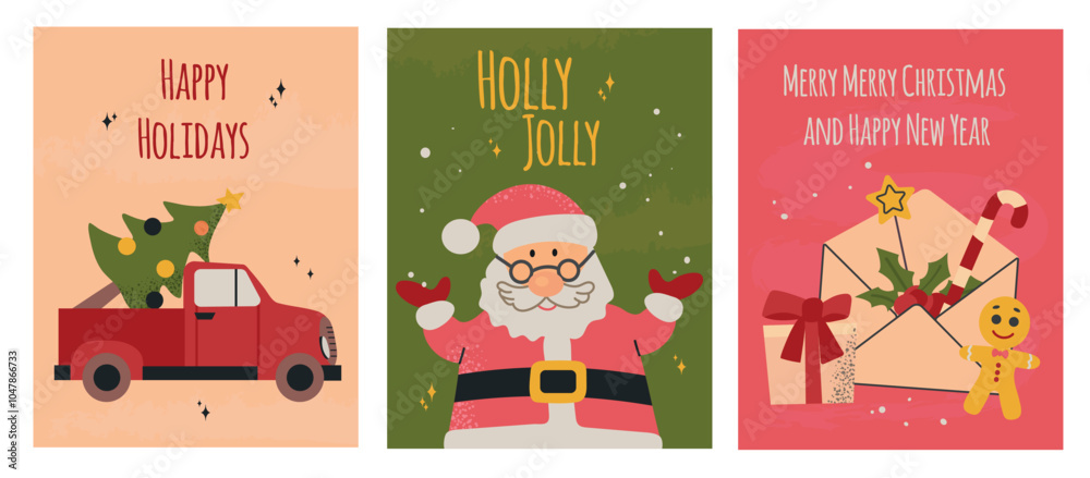Fototapeta premium Merry Christmas and Happy New Year greeting cards collection set with Santa Claus, old pickup, xmas tree, gift, ginger man