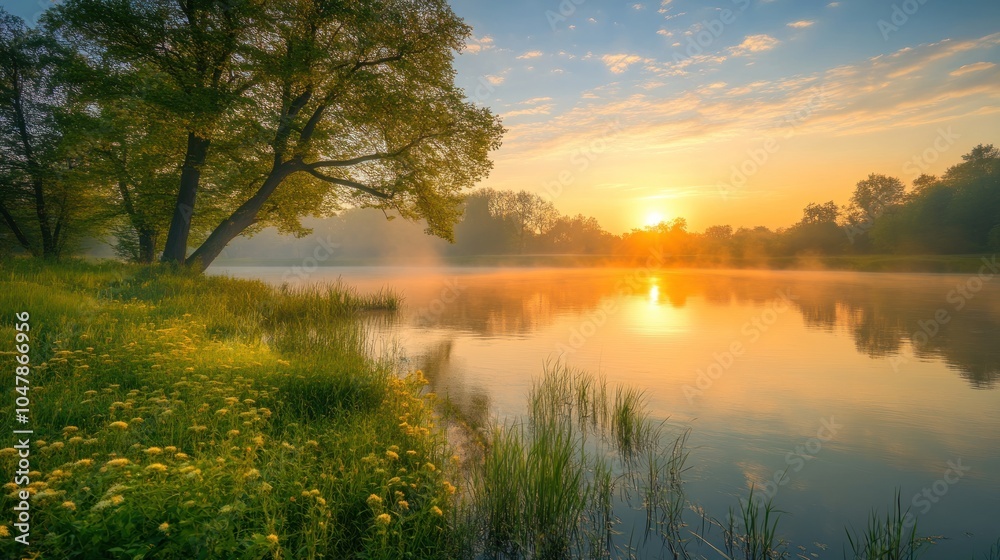 Fototapeta premium Sunrise Over a Misty Lake