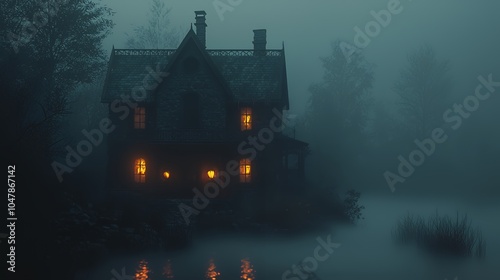 A mysterious house with glowing windows sits in a dense fog on a dark and stormy night.