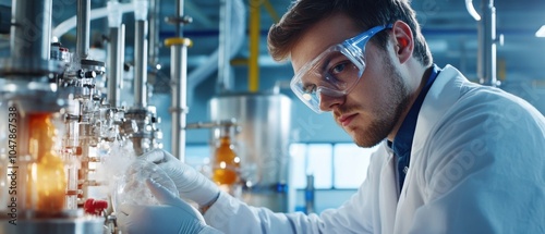 An industrial chemist in a lab coat and safety goggles performing chemical synthesis in a chemical manufacturing facility, with reaction vessels and scientific instruments in the background photo