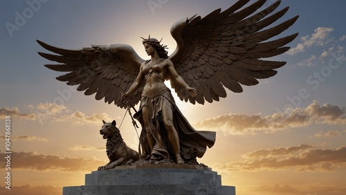 Sculpt Nike, the goddess of victory, holding wings of triumph, standing on the high ground of a battlefield victory, set against dawn and banners of glory, symbolizing the power of victory and honor.