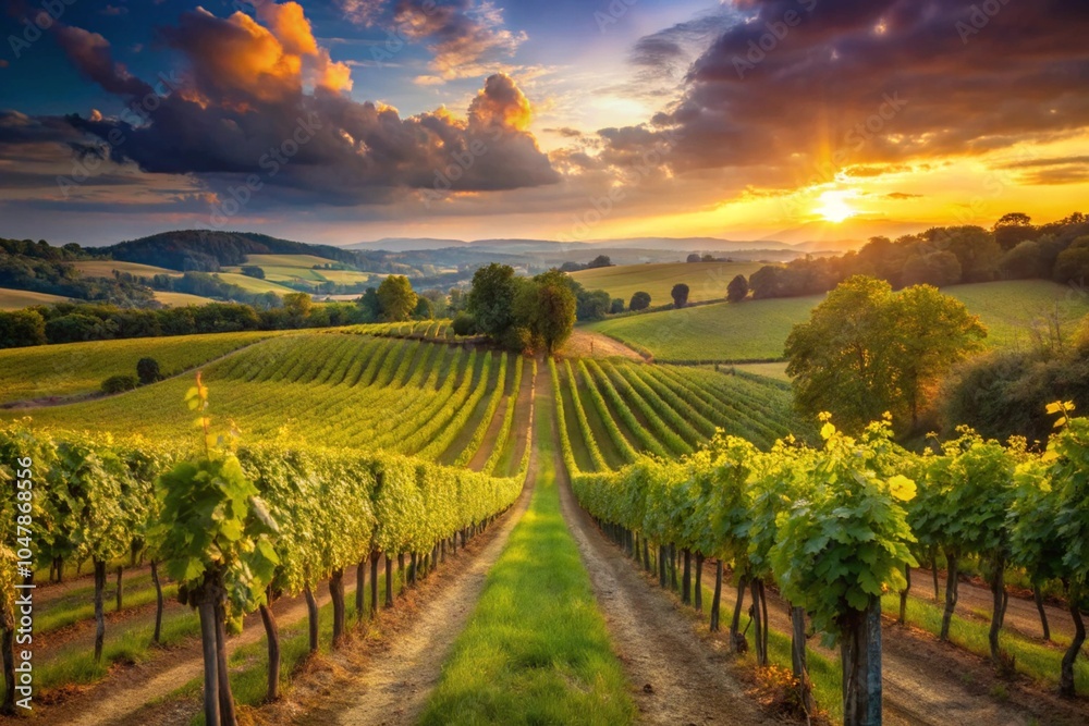 Fototapeta premium vineyard at sunset, generative ai, ai generated, ai