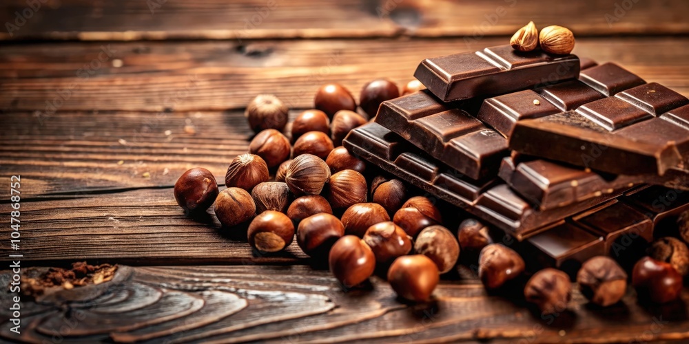 A close-up of dark chocolate bars resting on a pile of hazelnuts on a rustic wooden surface. A close-up of dark chocolate bars resting on a pile of hazelnuts on a rustic wooden surface.