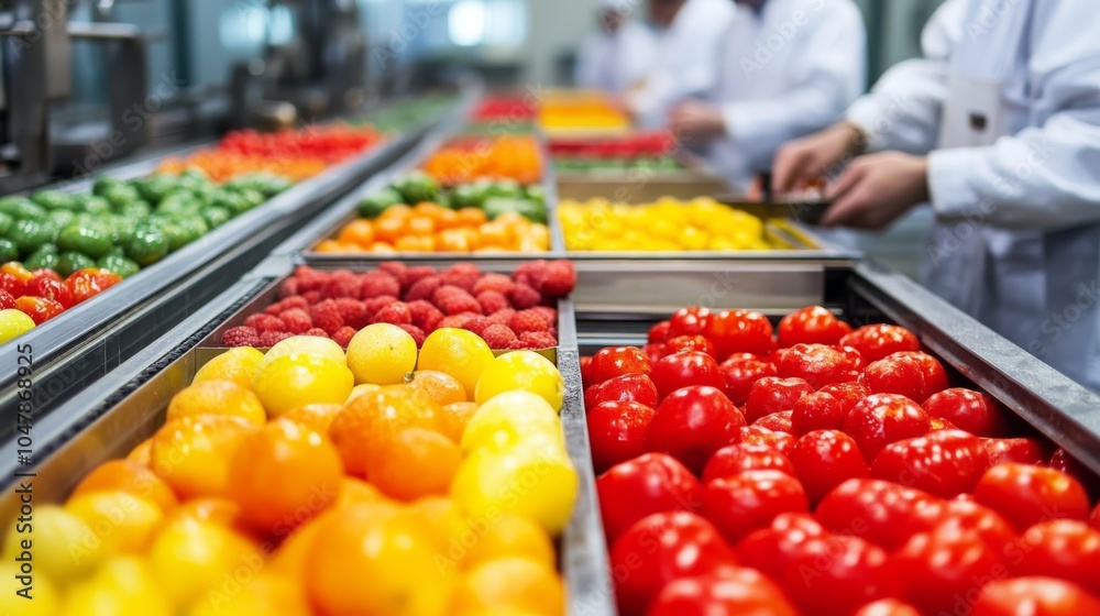 Obraz premium Precision Calibration: Technicians Ensuring Accurate Fruit Sorting and Packing