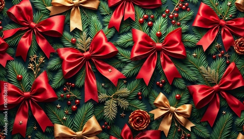 Seamless design of festive ribbons, bows, and pine branches in rich reds, greens, and golds for a traditional holiday atmosphere