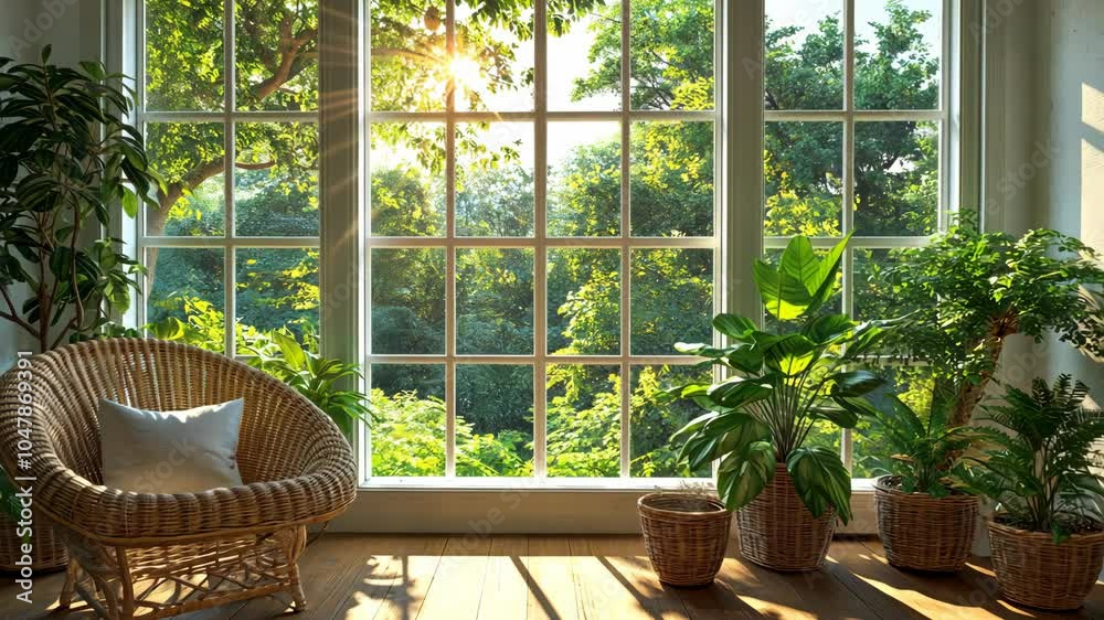 A wicker chair sits by a large window, letting in the warm morning light A wicker chair sits by a large window, letting in the warm morning light