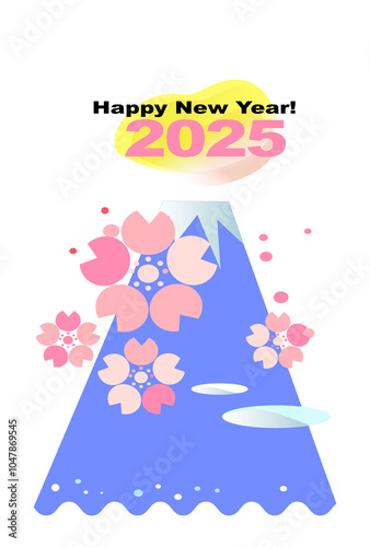 2025年の年賀状ハガキ,富士山と桜と波