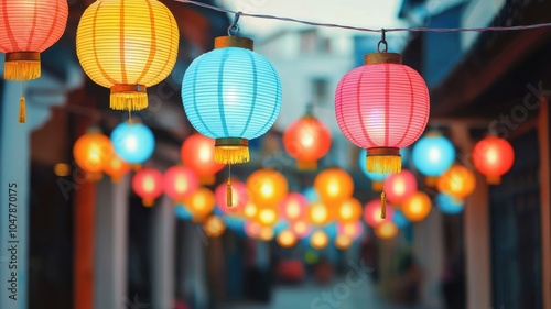 Street decorated with glowing lanterns and fairy lights, vibrant Festival of Lights celebration photo