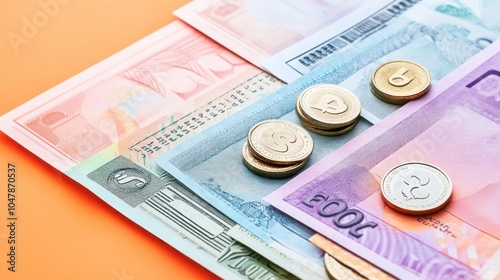 A stack of coins on top of various banknotes against an orange background.