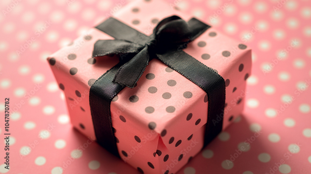 Festive pink gift wrapped in polka dot paper and black ribbon on a Valentine's Day themed background Festive pink gift wrapped in polka dot paper and black ribbon on a Valentine's Day themed background
