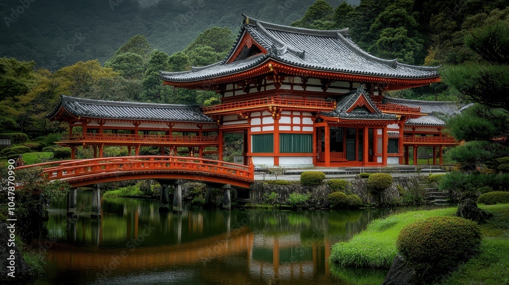 Picturesque traditional Japanese temple pagoda surrounded by a tranquil pond and lush green gardens reflecting in the calm water Picturesque traditional Japanese temple pagoda surrounded by a tranquil pond and lush green gardens reflecting in the calm water