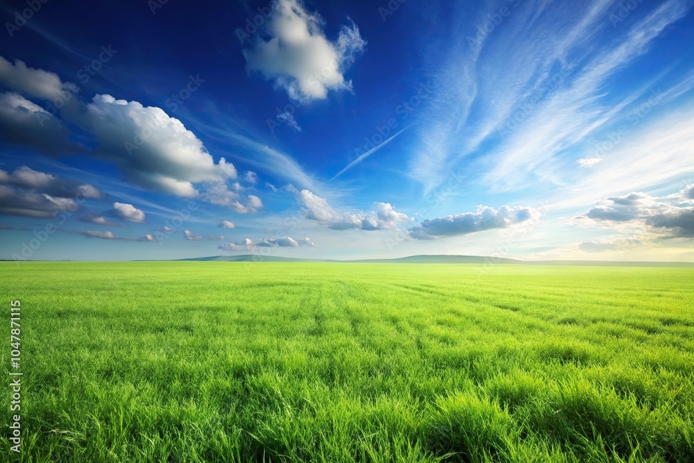 Fototapeta premium Symmetrical peaceful green grass field under a clear blue sky perfect for nature backgrounds.