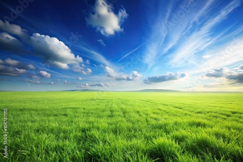 Symmetrical peaceful green grass field under a clear blue sky perfect for nature backgrounds.