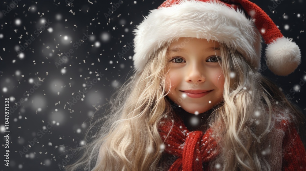 Cute little girl wearing red Santa hat and smiling. Christmas and New Year concept. Copy space. Cute little girl wearing red Santa hat and smiling. Christmas and New Year concept. Copy space.